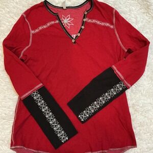 Alp-n-Rock Red Embroidered Henley Thermal Top Nordic Ski Chalet Shirt Size XL